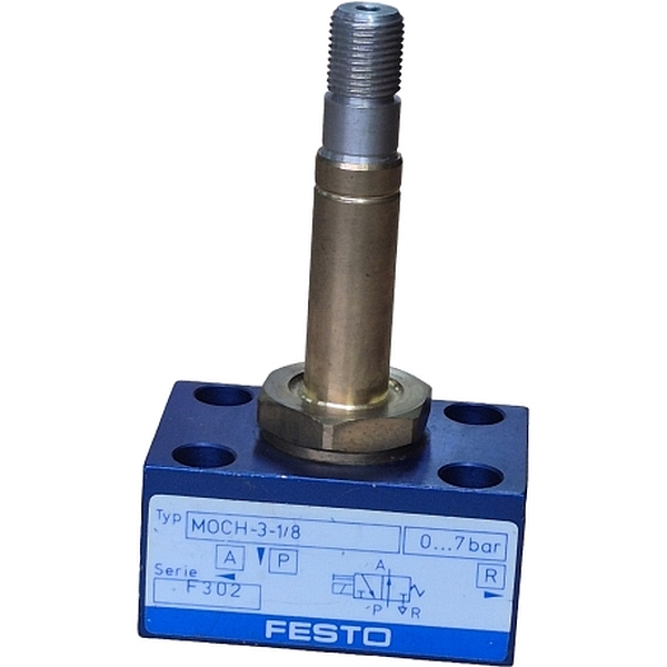 3/2 vias, conexão G1/8, acionamento eletropneumático / retorno mola, meio ar comprimido filtrado, pressão máxima de trabalho 7bar, corpo alumínio, vedações NBR