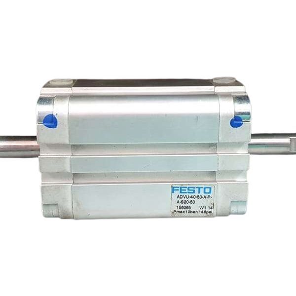 cilindro compacto, diâmetro 40mm, curso 50mm, rosca externa, anéis/placas de amortecimento elástico nas posições finais de curso, detecção de posição, haste passante vazada