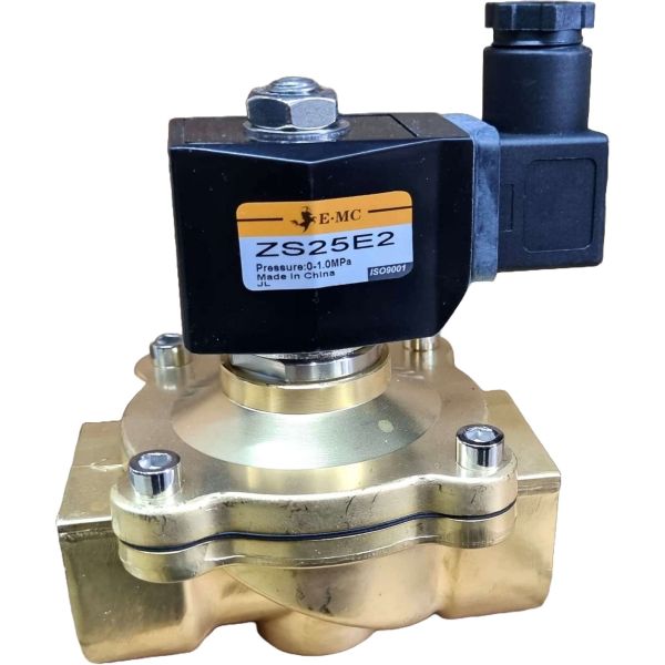 2/2 vias, conexão 1 polegada, bobina 220VAC, fluidos ar/gás/água/água quente/ óleo leve, temperatura máxima 80oC, material do corpo latão, NF, pressão máxima 10bar,  baixo consumo de energia