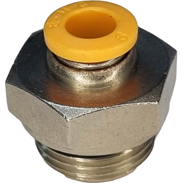 conexão rosca 3/8, diâmetro do tubo 6mm, meio de operação ar comprimido, anel de desengate laranja, corpo metálico