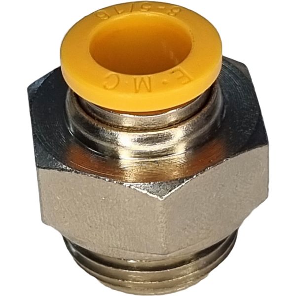 conexão rosca 3/8, diâmetro do tubo 8mm, meio de operação ar comprimido, anel de desengate laranja, corpo metálico