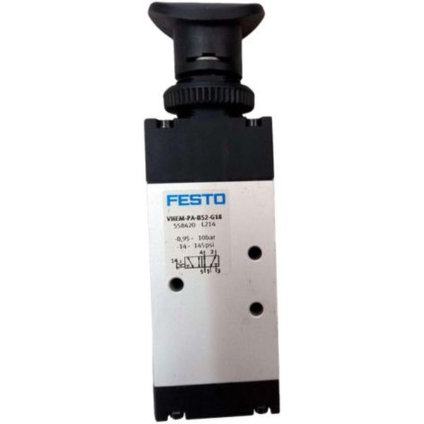 5/2 vias, conexões G1/8, atuação manual, vazão 500 l/min, pressão operacional -0,95...10bar, meio ar comprimido, corpo liga de alumínio, alumínio, vedações NBR