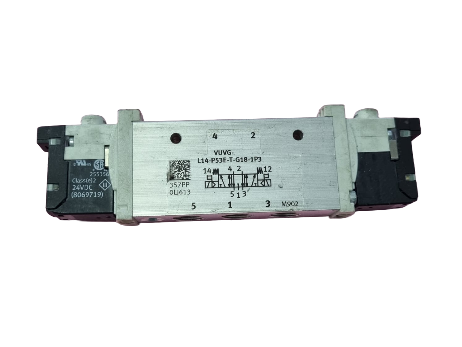 5/3 vias, conexão G1/8, vazão 560l/min, acionamento elétrico / retorno mola, tensão 24VDC, meio ar comprimido, corpo liga de alumínio, vedações HNBR / NBR