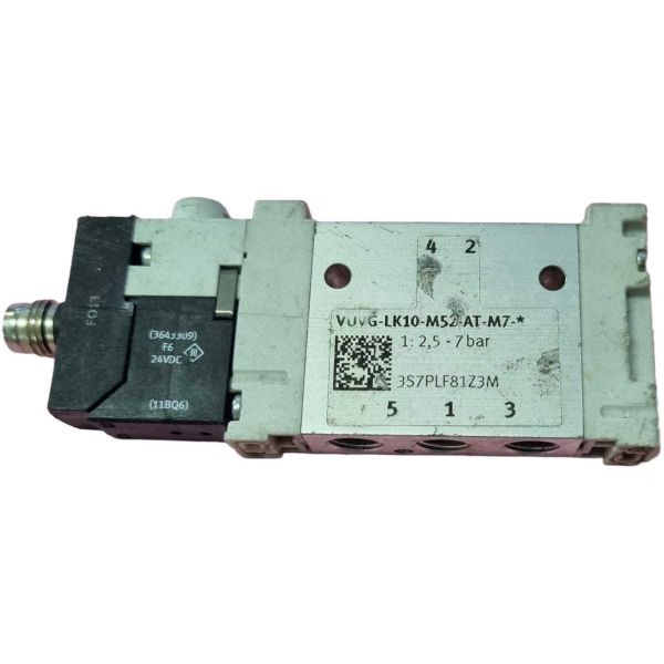 5/2 vias, conexão M7, acionamento elétrico / retorno mola, vazão 340 l/min, meio ar comprimido, corpo liga de alumínio, vedações HNBR / NBR