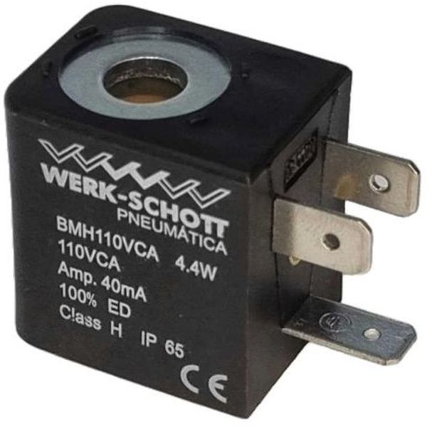 bobina mini, diâmetro do furo 8mm, altura 29,5mm, tensão 110VCA, potência 4.4W, IP65. Para as válvulas Mini 1/8, Série 5000, Série N5000, Série N18000, Série N19000, Série 20000, Série N7000, Série N8000 e N9000