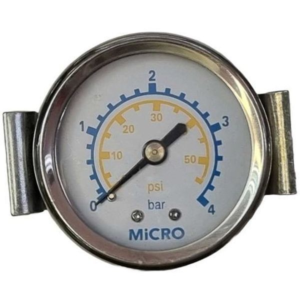 saída por trás, conexão rosca 1/8, fixação por garra, mostrador 50mm, fluido ar comprimido