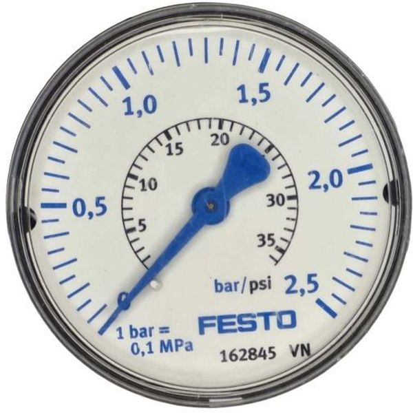 produto descontinuado pelo fabricante, saída por trás, conexão rosca G1/4, dimensão 63mm, visor de plástico, caixa de plástico, fluidos gases inertes / líquidos neutros