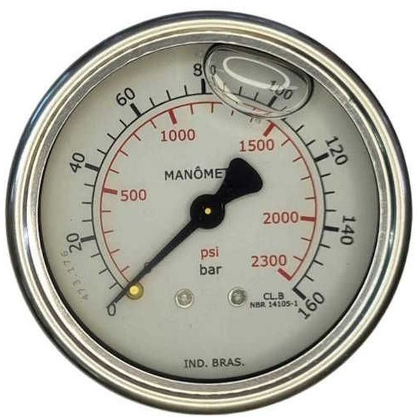 saída traseira, com glicerina, conexão rosca 1/4, mostrador 63mm, escala dupla psi/bar, fluido óleo