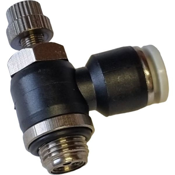 tipo cotovelo, conexão rosca 1/8, diâmetro do tubo 4mm, acionamento manual, meio de operação ar comprimido, anel de desengate branco