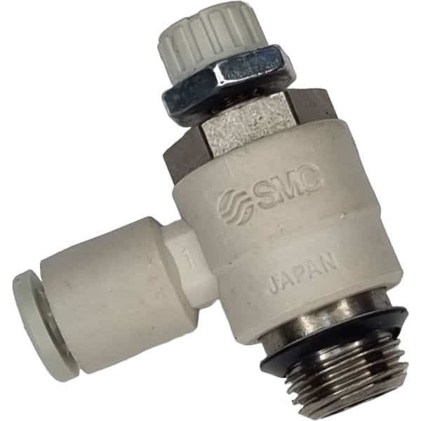 conexão rosca 1/8, diâmetro do tubo 4mm, meio de operação ar comprimido, anel de desengate branco, serve para ajustar a velocidade dos cilindros pneumáticos