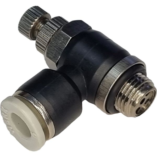 tipo cotovelo, conexão rosca 1/8, diâmetro do tubo 6mm, acionamento: manual, meio de operação ar comprimido, anel de desengate branco