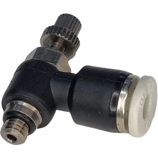 tipo cotovelo, conexão rosca M5, diâmetro do tubo 4mm, acionamento manual, meio de operação ar comprimido, anel de desengate branco