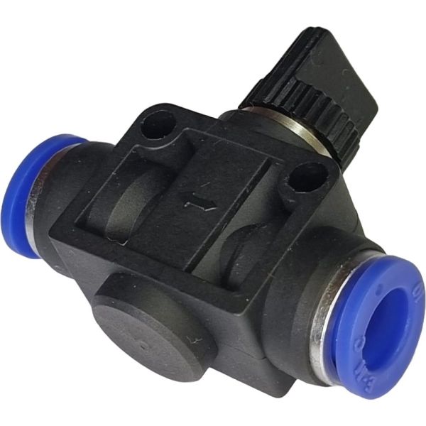 diâmetro de 10mm, pressão de 10bar, acionamento manual, anel de desengate azul, meio de operação ar comprimido 