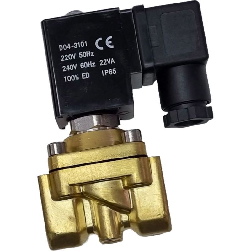2/2 vias, conexão 1/2, bobina 220VAC, fluidos ar/gás/água/água quente/ óleo leve, temperatura máxima 80oC, material do corpo latão, NF, pressão máxima 10bar,  baixo consumo de energia