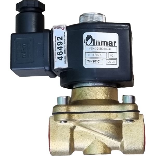 2 vias, NF, ação direta, fechamento rápido, DN20, rosca 3/4, tensão 110V/60Hz, pressão 0~8bar, temperatura máxima 90oc, corpo latão forjado, meio gás