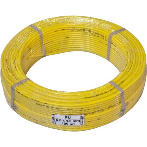 Tubo PU 6X4mm, comprimento de 100m, pressão de 14bar, raio de 25 mm
