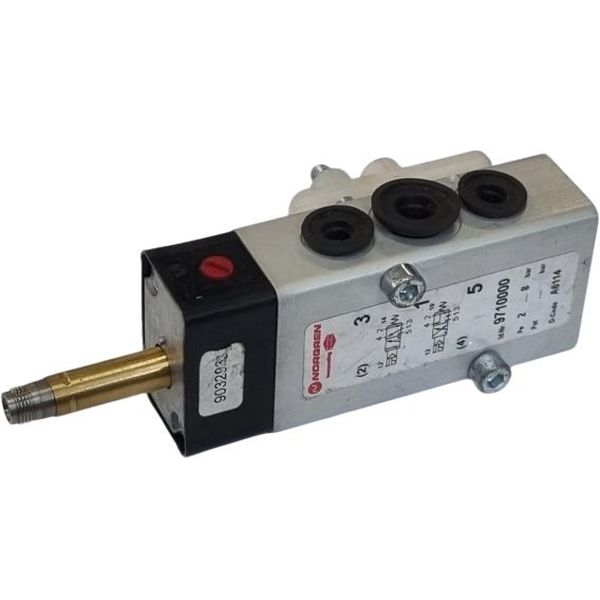 Série 97100, 5/2 vias, rosca G1/4, atuação solenóide piloto/ retorno mola, pressão de operação 2~8bar, vazão 750 l/min, corpo alumínio anodizado, vedações NBR