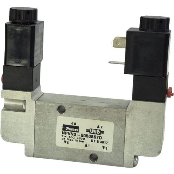 5/2 vias, acionamento solenóide / retorno solenóide, tensão 24VDC, pressão máxima 10 bar, temperatura -10~60oC