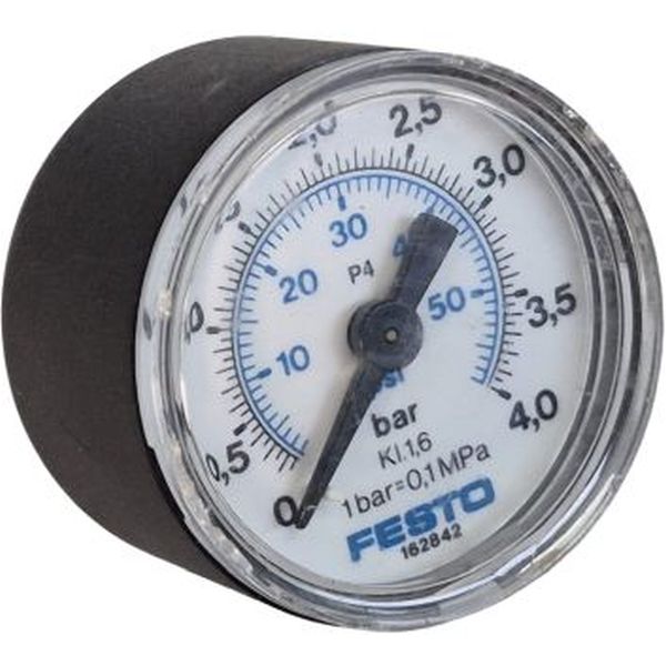 saída por trás, conexão rosca R1/8, diâmetro 40mm, visor PBT, corpo PS, fluidos gases inertes / líquidos neutros