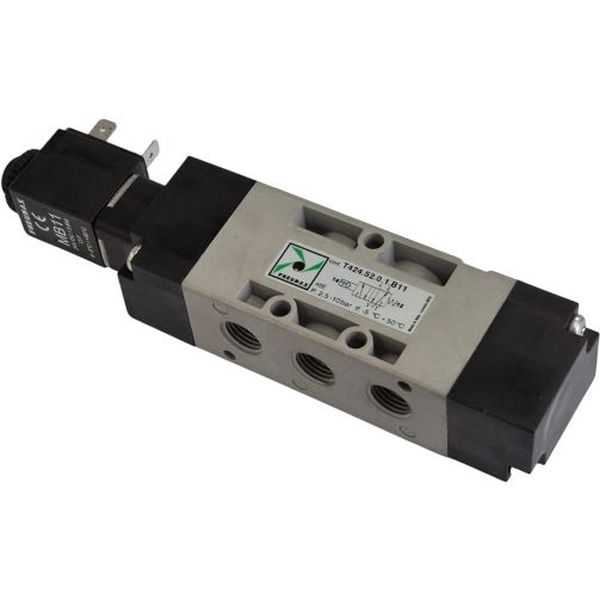 Série T400, simples solenóide, retorno mola, 5/2 vias, conexão rosca G1/4, fluxo nominal 1050 Nl/min, solenóide 24VDC / 3.8W, fluido ar comprimido