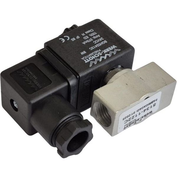 mini válvula 3 vias, rosca fêmea 1/4, solenóide 24VCC com plugue, meio ar comprimido