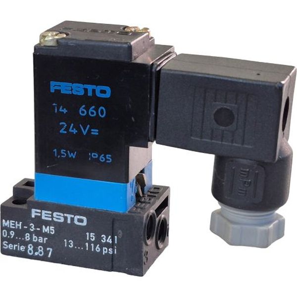 3/2 vias, conexão rosca M5, válvula com bobina elétrica 24V 1,5W, pressão de trabalho 8bar, corpo alumínio, vedações NBR