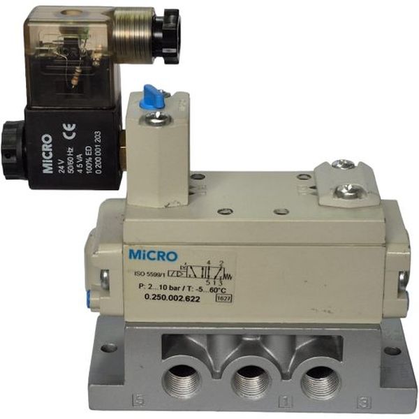 Série VS1 NG Global Class, 5/2vias, simples solenóide, reação por mola, pressão de trabalho 2,5-10bar, fluido ar comprimido / gases inertes, sobre base normalizada, bobina 24V / 50 60Hz