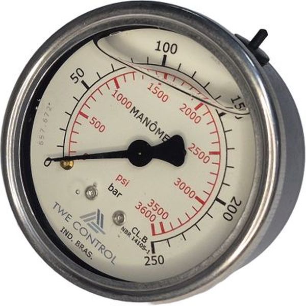 saída por trás, com glicerina, conexão rosca 1/4, mostrador 63mm, escala dupla psi/bar, fluido óleo