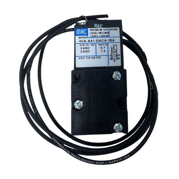 Série 45, 4 vias, compacta, conexão rosca 1/8nptf, atuação por solenóide / retorno mola, tensão 24 V AC, 60 Hz, meio ar comprimido / vácuo / gases inertes, pressão 120 psi