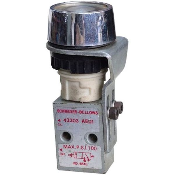 configuração 2/2 vias, conexão rosca M5, acionamento botão/mola, fluido ar comprimido / gases inertes, pressão máxima  100psi