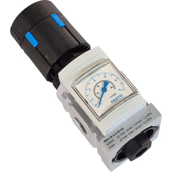 Série MS, conexão G1/4, tamanho 4, vazão 1800 l/min, regulagem de pressão 0.3 bar - 7 bar, corpo PA reforçado, vedações NBR