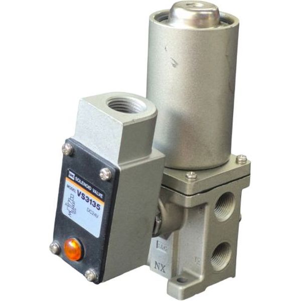 3/2 vias simples, tamanho do corpo 3/8 base (3), operação direta, acionalmento solenóide / retorno mola, tensão 24VDC, pressão de operação 0...1.0MPa, fluido ar / gás inerte
