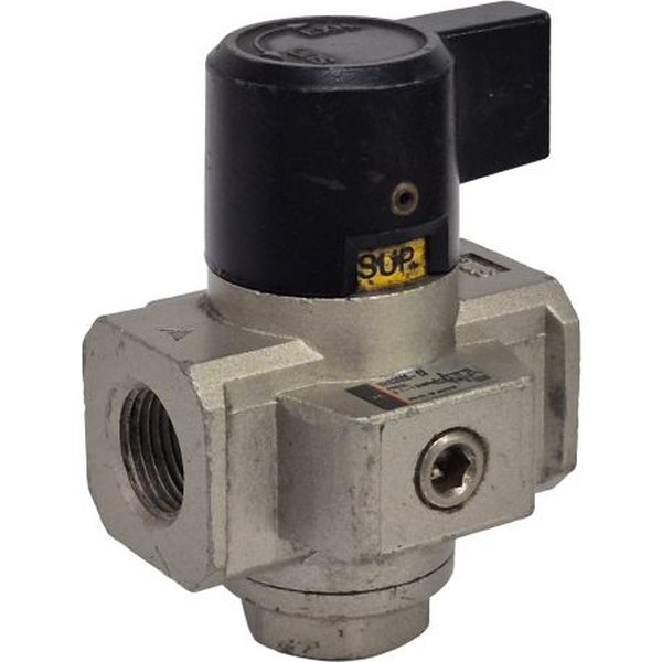 3/2 vias,  conexão rosca G3/8, simples ação, manopla preta, intervalo de pressão 0,1 a 1,0MPa, fluido ar comprimido