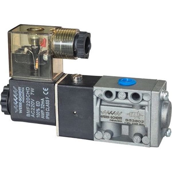 3/2 vias, conexão rosca 1/8bsp, acionamento solenóide / retorno mola, 220VAC, pressão 3~10bar, corpo Zamac, vedações Buna-N