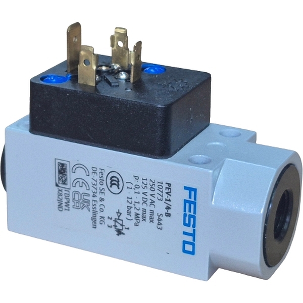 conexão G1/4, pressão máxima de trabalho 12bar, tensão máxima 250VAC / 125VDC, meio ar comprimido