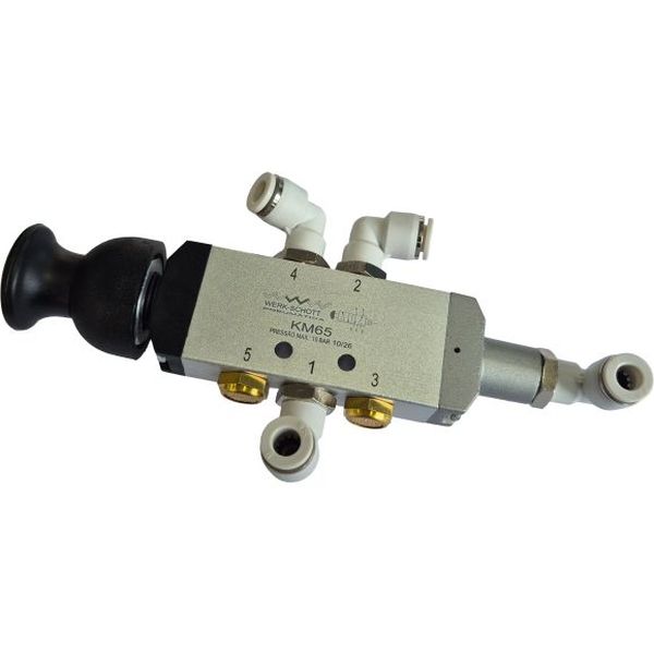 conexão 1/8bsp, acionamento manual por botão, pressão até 10bar. Com conexões pneumáticas de engate rápido.
