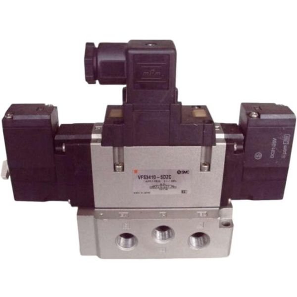 Série VFS3000, válvula de 5 vias, vedação metálica, centro aberto negativo, cabeamento externo, tensão 24VCC, ligação elétrica conector DIN, com LED indicador e supressor de picos, botão alavanca com trava 