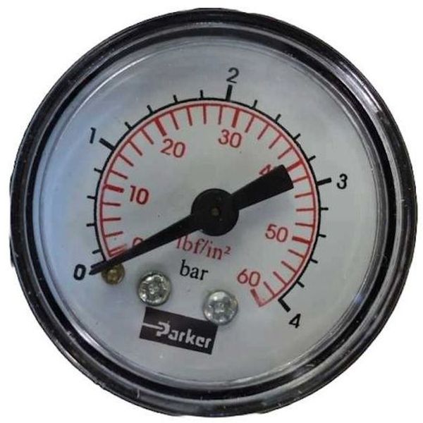 saída por trás, conexão rosca 1/8, mostrador 40mm, visor de plástico, fluido ar comprimido