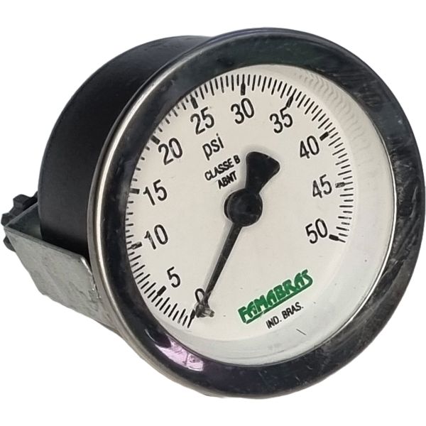 saída por trás, conexão rosca 1/4, fixação com garra, mostrador 50mm, meio ar comprimido