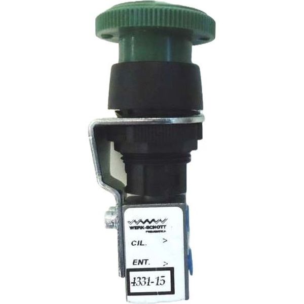conexão rosca M5, 3 vias, 2 posições, atuador botão cogumelo trava verde (outras cores disponíveis), fluido ar comprimido, corpo alumínio, vedações Buna-N, ideal para montagem de painéis