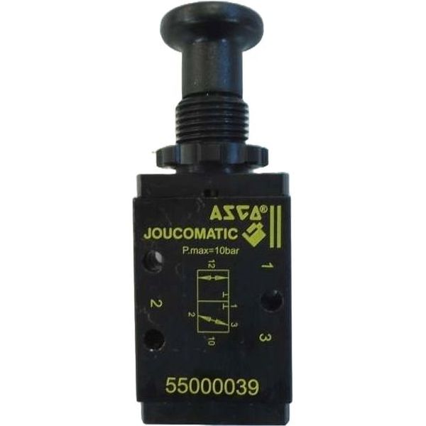 3/2 vias, conexão rosca 1/8, acionamento manual botão, meio ar / gás inerte, material do corpo liga leve