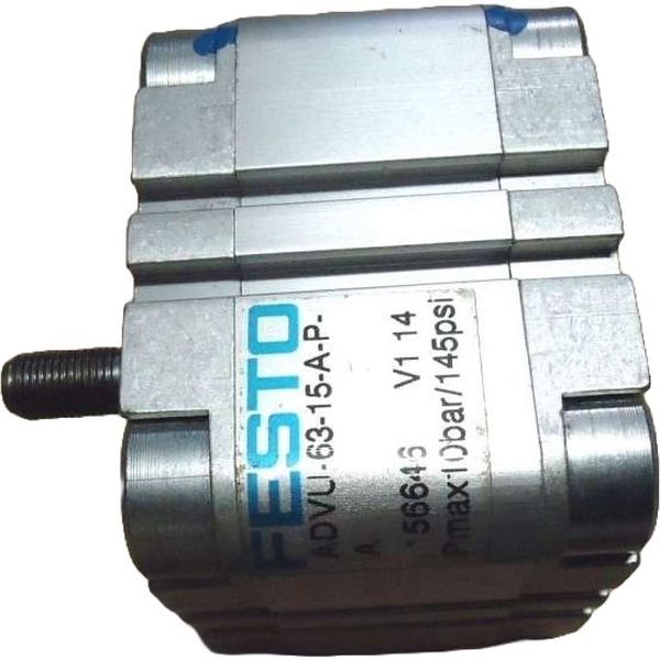 cilindro compacto, diâmetro 63mm, curso 15mm, rosca externa, anéis/placas de amortecimento elástico nas posições finais de curso, detecção de posição