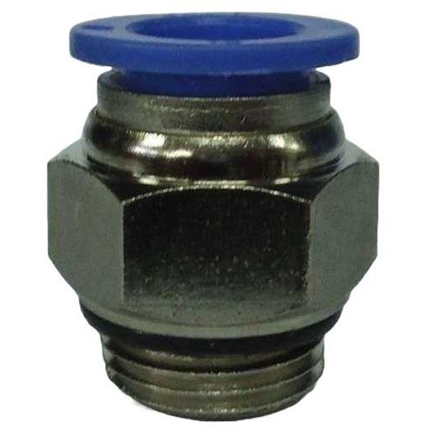 conexão rosca 3/8, diâmetro do tubo 12mm, pressão de trabalho máxima 10bar, temperatura de trabalho máxima 60oC, meio de operação ar comprimido, anel de desengate azul