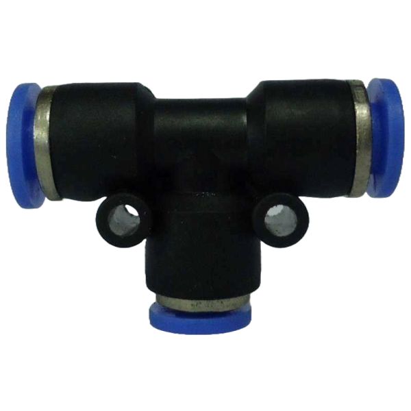 1 conexão para tubo 6mm, 1 conexão para tubo 4mm, pressão de trabalho máxima 10bar, temperatura de trabalho máxima 60oC, meio de operação ar comprimido, anel de desengate azul