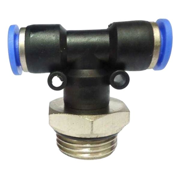 conexão rosca 1/2, diâmetro do tubo 8mm, pressão de trabalho máxima 10bar, temperatura de trabalho máxima 60oC, meio de operação ar comprimido, anel de desengate azul