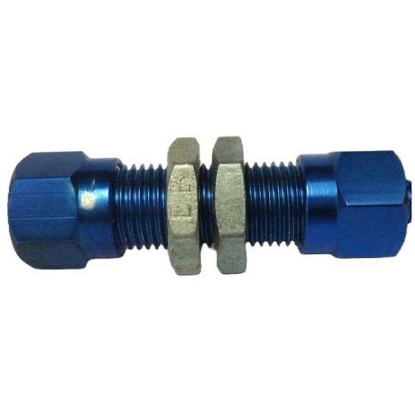 conexão passamuro metálica, conexão passa-muro em alumínio anodizado azul, conexão passa-muro painel, conexão pneumática passa-muro