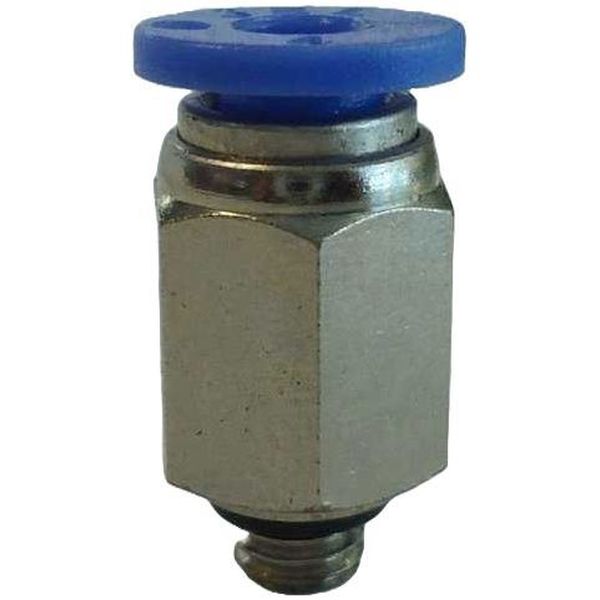 conexão rosca M5, diâmetro do tubo 4mm, pressão de trabalho máxima 10bar, temperatura de trabalho máxima 60oC, meio de operação ar comprimido, anel de desengate azul