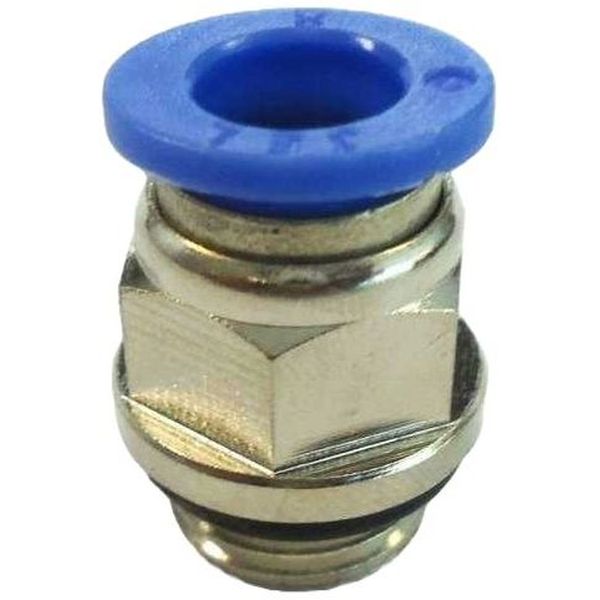 conexão rosca 1/4, diâmetro do tubo 8mm, pressão de trabalho máxima 10bar, temperatura de trabalho máxima 60oC, meio de operação ar comprimido, anel de desengate azul