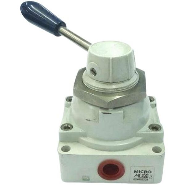 4 vias, 2 posições, conexão rosca G3/8, acionamento manual, fluido ar comprimido filtrado / gases inertes, vazão nominal 1400l/min, corpo alumínio, guarnições NBR