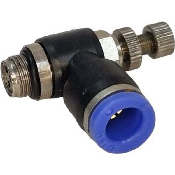 tipo cotovelo, rosca 1/2, conexão 8mm, anel de desengate azul, meio de trabalho ar comprimido